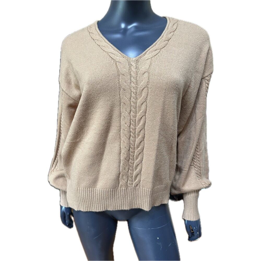 Ellen Tracy V-Neck Cable Knit Sweater Camel Tan NWT MSRP $89.00 Medium Plush - Picture 2 of 12